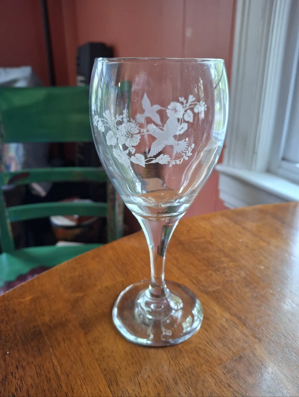 Hummingbird Etched Crystal Goblet Drinking Glass 7.5